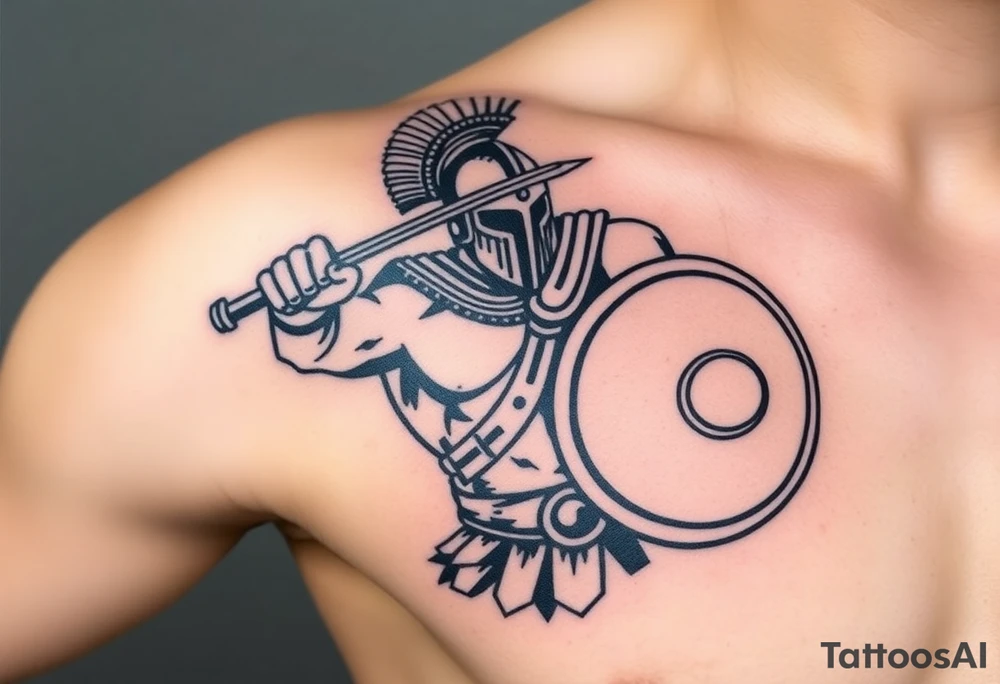 The Final Strike – A muscular gladiator mid-attack, his gladius raised high, slicing through an opponent’s shield. His bronze helmet reflects the sun, while his battle-worn leather armor is covered in dust and sweat. tattoo idea