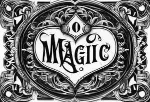 deck of card sprung in the air, you see the word magic as they fall from hand to hand tattoo idea
