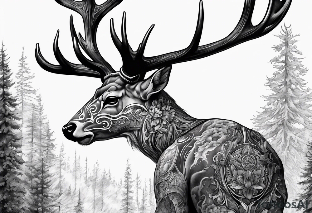 A side profile of a human with a deer skull head, forest fire tattoo idea