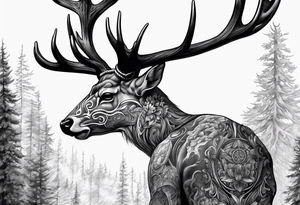 A side profile of a human with a deer skull head, forest fire tattoo idea