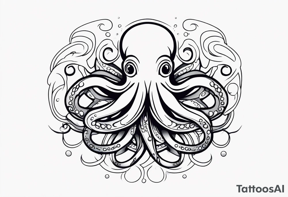 Tribal half sleeve. octopus surrounded by ribbons of water waves filled with fish. the octopus has no eyes. Use thick lines only with less detail. tattoo idea