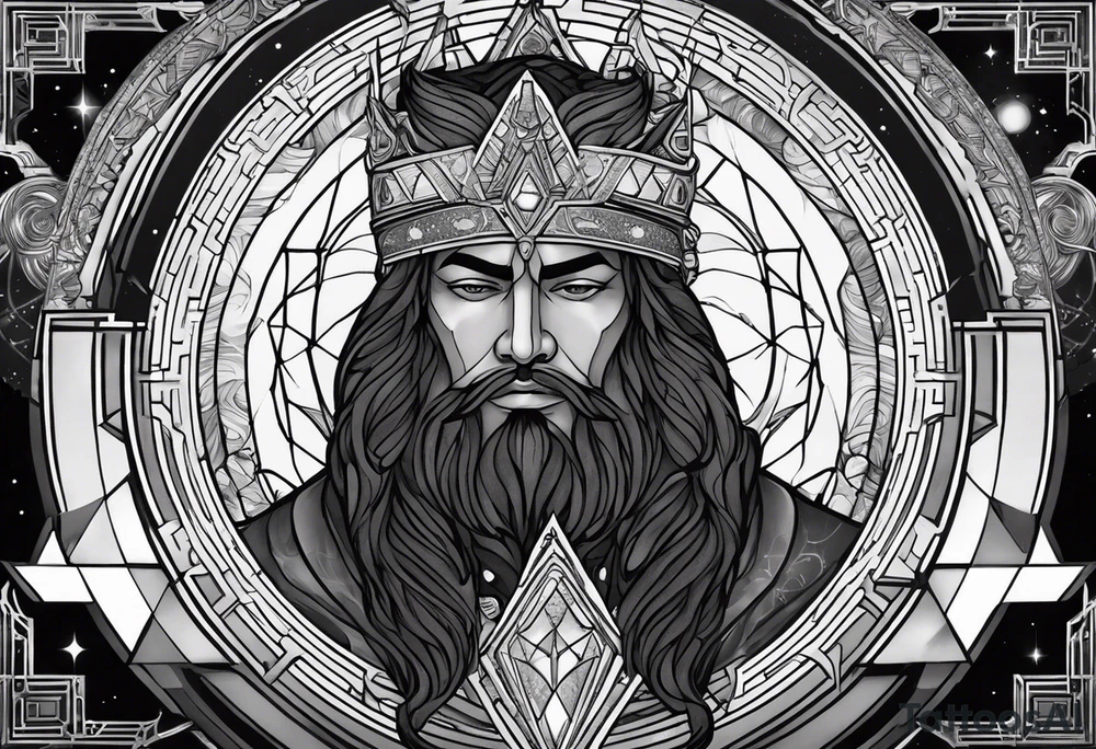Jehovah looking out at the marvels of his creation from the atoms to the galaxy and celestial beings. With grey wash and a fantasy theme. Jehovah has to be a character who is so majestic, charismatic, immensely powerful. There isnt a single thing he isnt capable of doing. Infinitely powerful forward facing tattoo idea