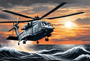 canadian military grey helicopter cyclone CH-148, a helicopter flying over rough water, Clear sky, sunset
, military art, ocean specular, highly detailed background, tattoo idea