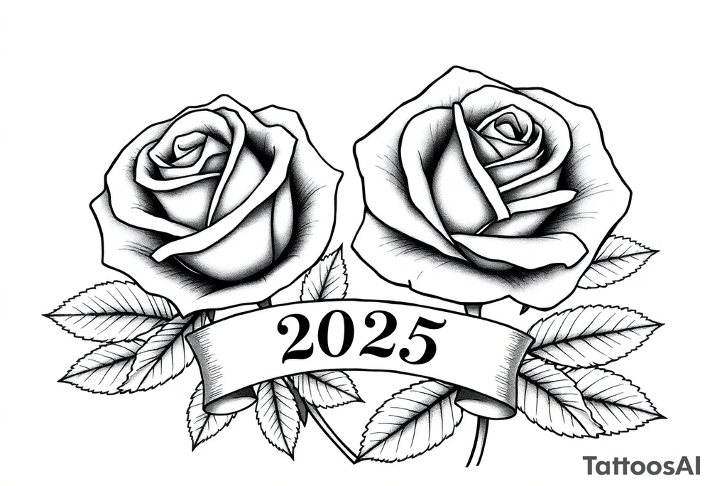 two beautiful large rose buds, one larger than the other, with lots and lots of leaves next to the rose buds, with one sitting slightly higher than the other, side-by-side.  Include a banner connecting the two roses with the year 2025 on it.   Use dark outlines with little shading. No stems tattoo idea