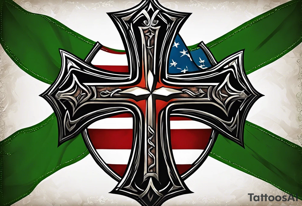 Keltic cross with tattered anerican flag hanging over one and matching Irish flag on other tattoo idea