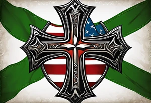 Keltic cross with tattered anerican flag hanging over one and matching Irish flag on other tattoo idea