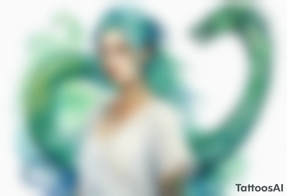 a watercolor sea serpent next to a women with blue-green hair wearing a white tunic tattoo idea