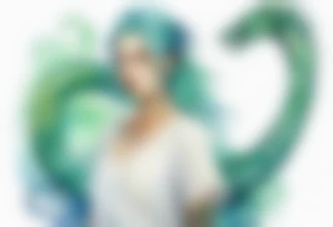 a watercolor sea serpent next to a women with blue-green hair wearing a white tunic tattoo idea