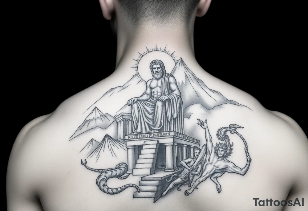 Realism Full chest peice including the Greek gods with zues on his throne looking down from the mountain casting judgement on the people add lighting and Mount Olympus and a temple and a battle scene make zues muscular add hades Medusa and minatour tattoo idea