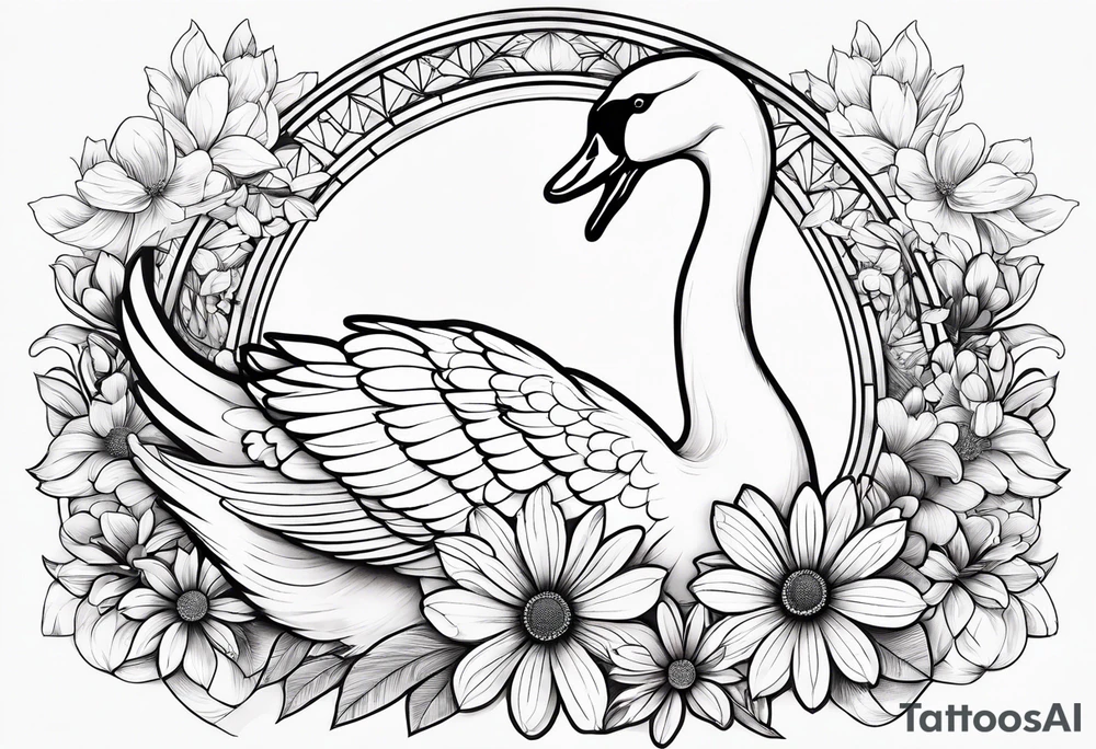 Line work swan with daisy flower tattoo idea