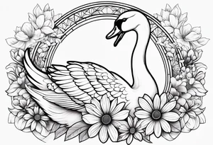 Line work swan with daisy flower tattoo idea