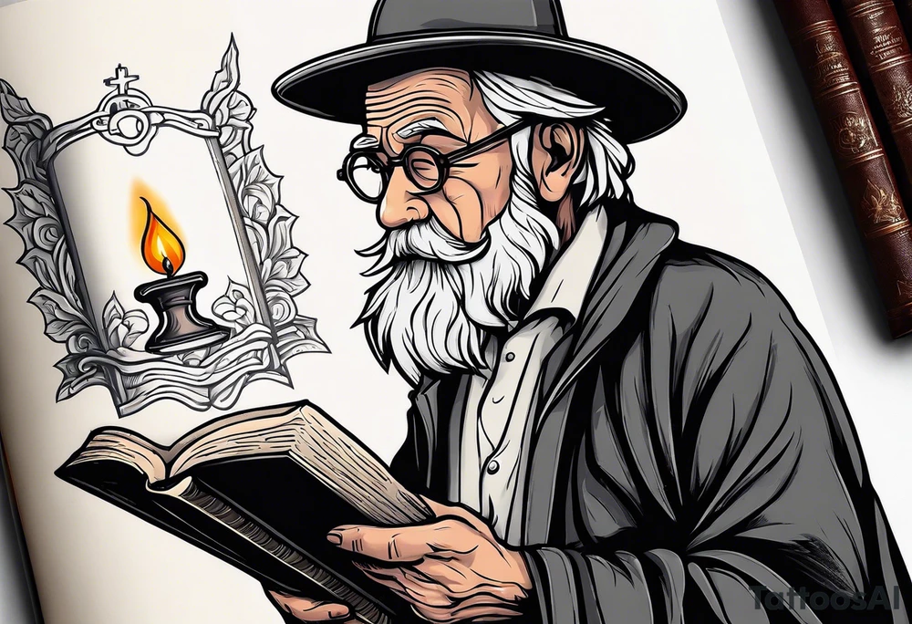 old man reading a holy bible by candle light tattoo idea