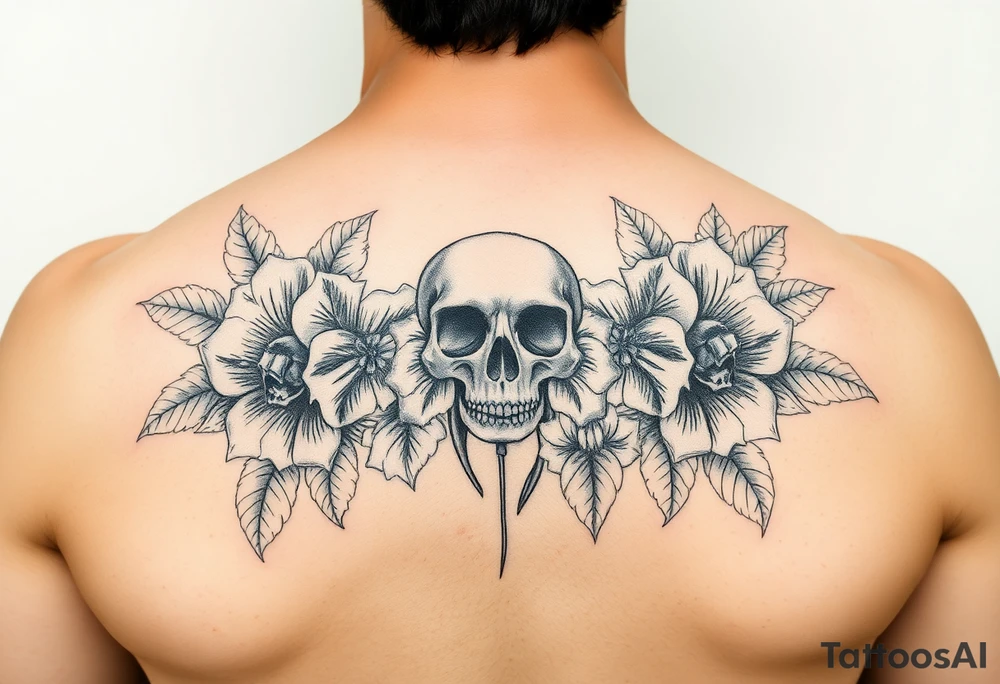 Traditional flowers with skulls in the center of the flowers tattoo idea