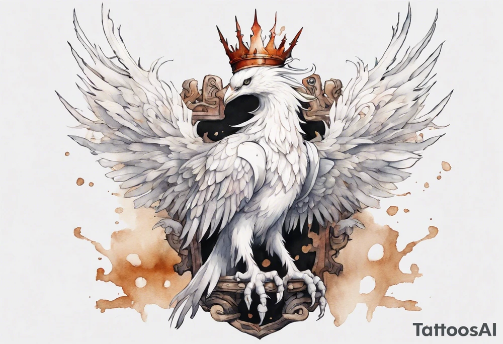 a white phoenix wearing rusty iron crown, perched on a throne tattoo idea