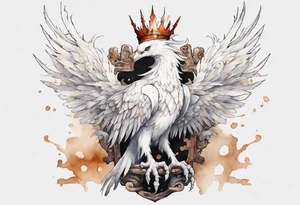 a white phoenix wearing rusty iron crown, perched on a throne tattoo idea