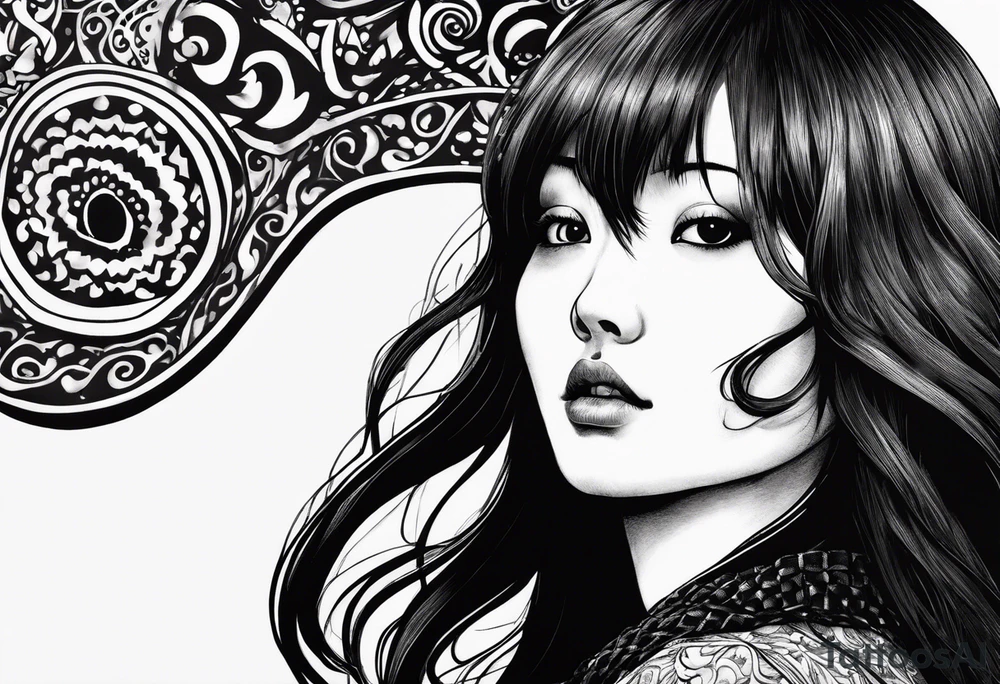 portrait of tomie a character by the horror author junji ito full body standing menacingly.  a mole below her left eye tattoo idea