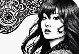 portrait of tomie a character by the horror author junji ito full body standing menacingly.  a mole below her left eye tattoo idea