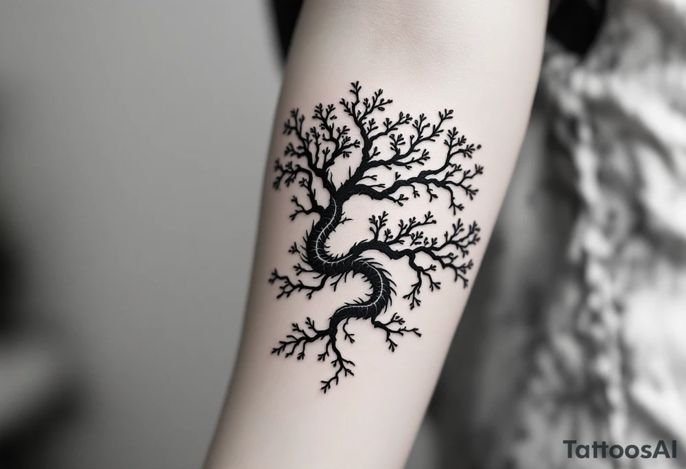 detailed dragoran (pokémon) japanese style sakura trees abstract lines dark/rough aesthetic tattoo idea