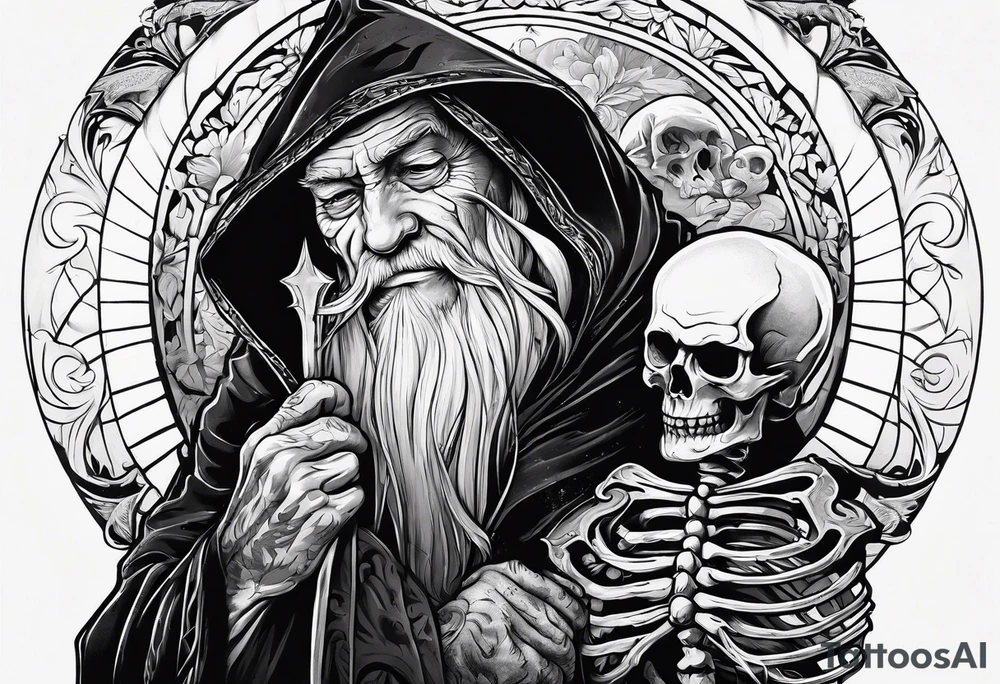 old man in cloak wrestling with a skeleton tattoo idea