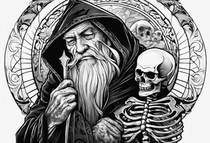 old man in cloak wrestling with a skeleton tattoo idea