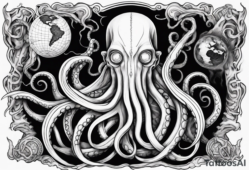a tattoo on the theme of lovecraft, with tentacles that embrace the earth tattoo idea