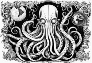 a tattoo on the theme of lovecraft, with tentacles that embrace the earth tattoo idea