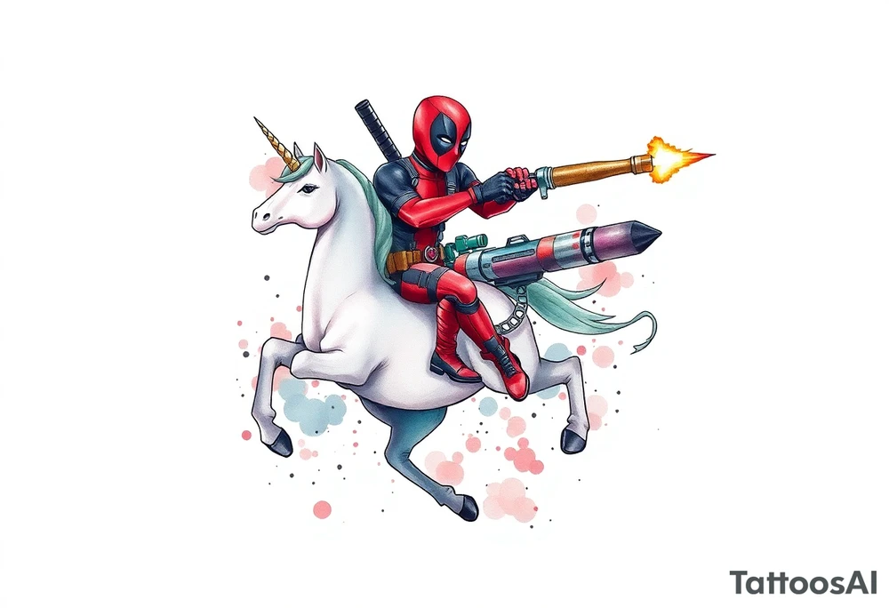 Deadpool riding a unicorn shooting Russian era rocket launcher tattoo idea
