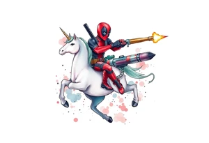 Deadpool riding a unicorn shooting Russian era rocket launcher tattoo idea