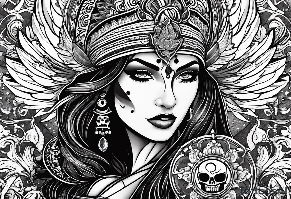 black kali, goddess pirate, pachamama, valkrye, warrior, skull, lotus azul, wing, eagle, zenza resonance, stars tattoo idea