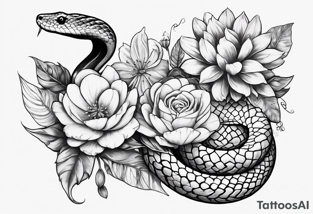 forearm snake and flower sleeve stencil tattoo idea