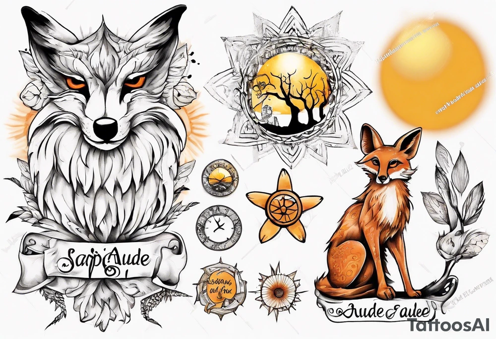 Fuchs und Eule unter der Sonne mit dem Schriftzug Sapere Aude tattoo idea