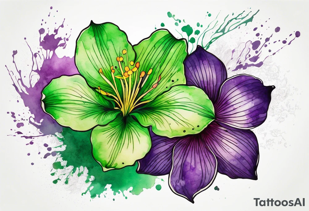 An outline of a green rio dipladenia flower and a green/purple watercolor splash in the background tattoo idea