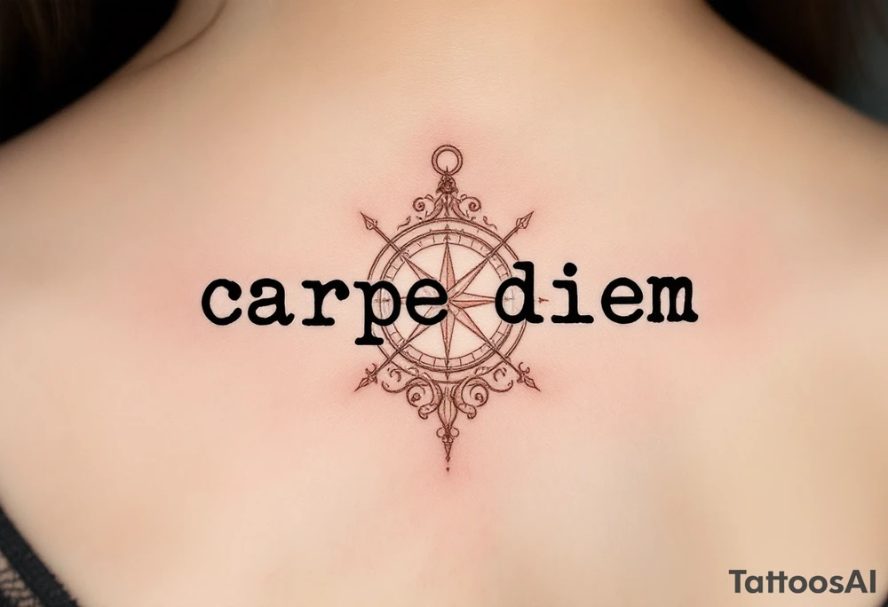Typewriter-style black font "carpe diem" with a faint sepia-toned compass in the background. tattoo idea