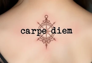 Typewriter-style black font "carpe diem" with a faint sepia-toned compass in the background. tattoo idea