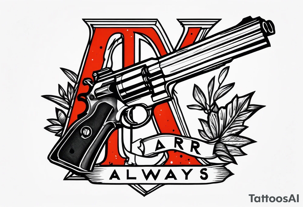The letters AR with a pistol on each side and the word always on the top and ready on the bottom tattoo idea