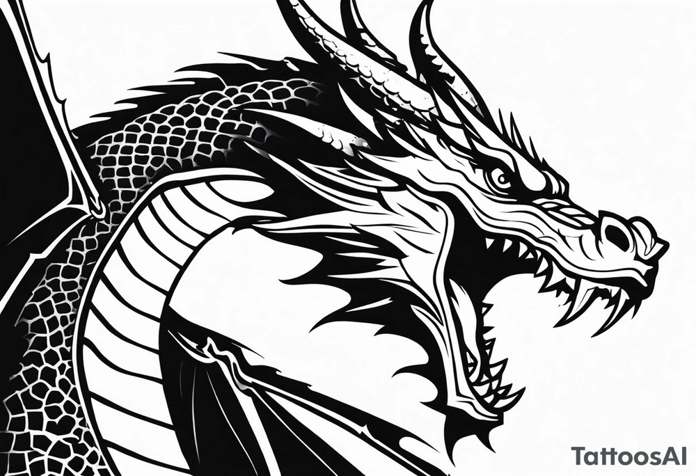 A black-and-white silhouette comic-style medium shot of a dragon with its mouth open wide, revealing sharp teeth. The dragon's head is outlined in solid black, with the sharp contours of its mouth and teeth emphasized. Its eyes are hollow and bold, creating a dramatic contrast. The dragon is depicted breathing fire, which is also in solid black, extending towards a distant city with tall buildings represented by simple, angular shapes in silhouette form. The background is blurred, consisting of soft abstract shapes and a stark white space, giving the scene depth and focus on the dragon and the fiery breath. tattoo idea