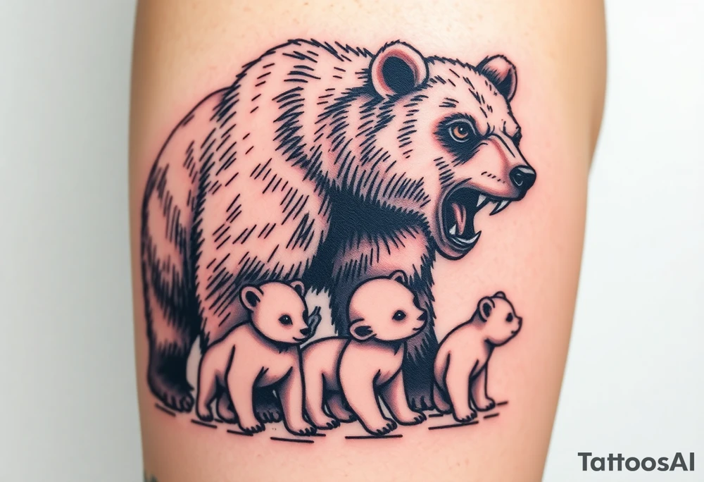 A detailed grizzly bear fiercely growling, facing outward with detailed brown eyes standing over 4 cubs 3 girls and a boy. tattoo idea