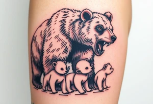 A detailed grizzly bear fiercely growling, facing outward with detailed brown eyes standing over 4 cubs 3 girls and a boy. tattoo idea