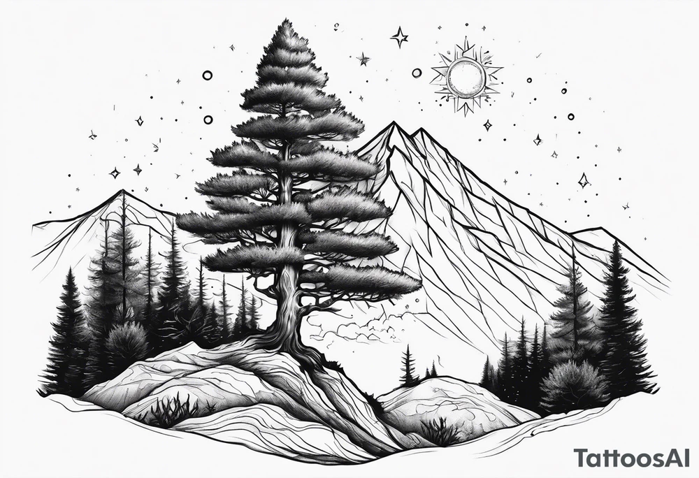 A mountain in the background, with a pine tree in front of the constellation of Aquarius tattoo idea