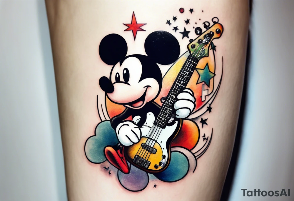 Tattoo full left arm with a collage of a bass guitar, mickey mouse symbol, a medicine caduceus, two stars tattoo idea