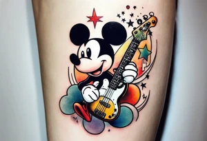 Tattoo full left arm with a collage of a bass guitar, mickey mouse symbol, a medicine caduceus, two stars tattoo idea