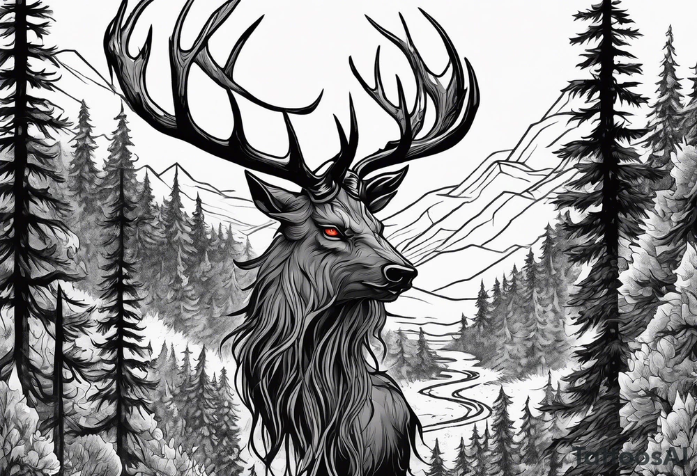 A scary dead lore accurate wendigo side profile surrounded by a forest fire in background tattoo idea
