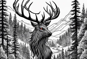 A scary dead lore accurate wendigo side profile surrounded by a forest fire in background tattoo idea
