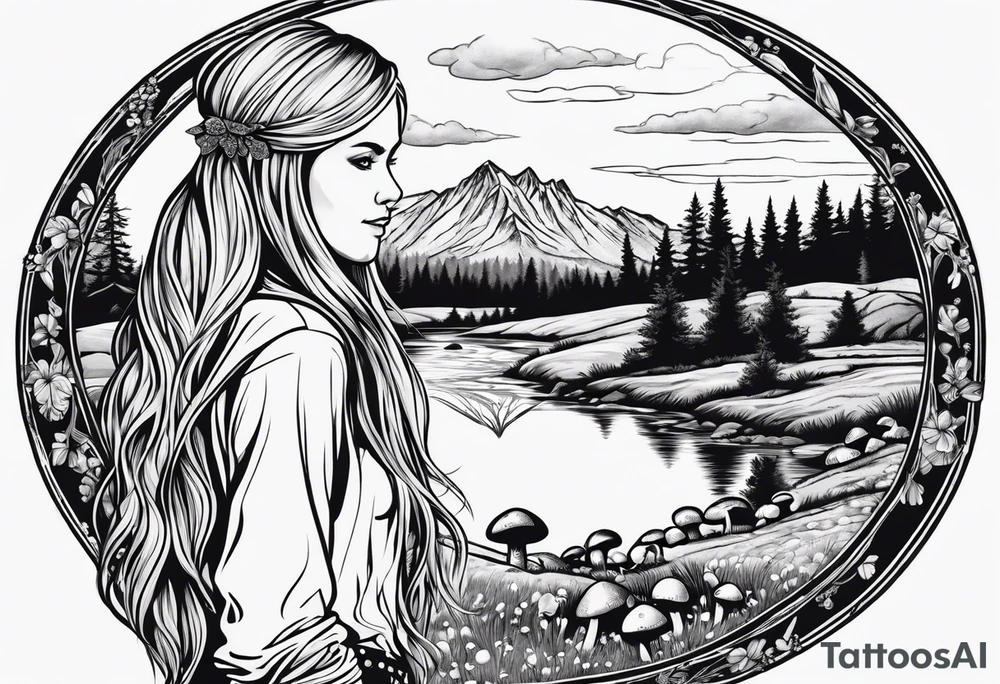 Whole picture encircled fully

Straight long blonde hair hippie girl in distance holding mushrooms in hand facing away toward mountains and creek surrounded by mushrooms long sleeve shirt and hiking pants; whole rendering within a full circle, no cut off circle tattoo idea