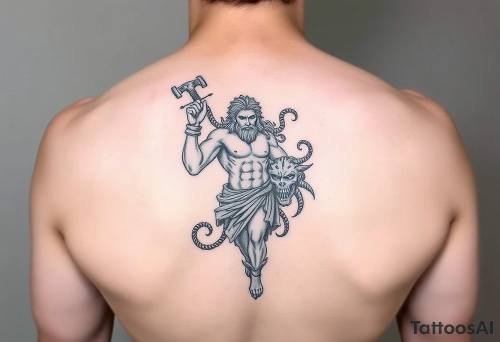 Perseus the Greek hero, holding Medusa’s severed head in victory, black and white and a part of a leg sleeve tattoo idea