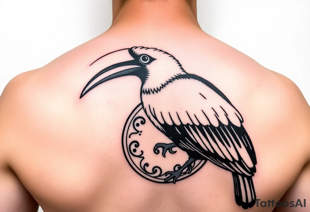 image of a Kalimantan ivory hornbill perched in a circle with a Dayak motif tattoo idea