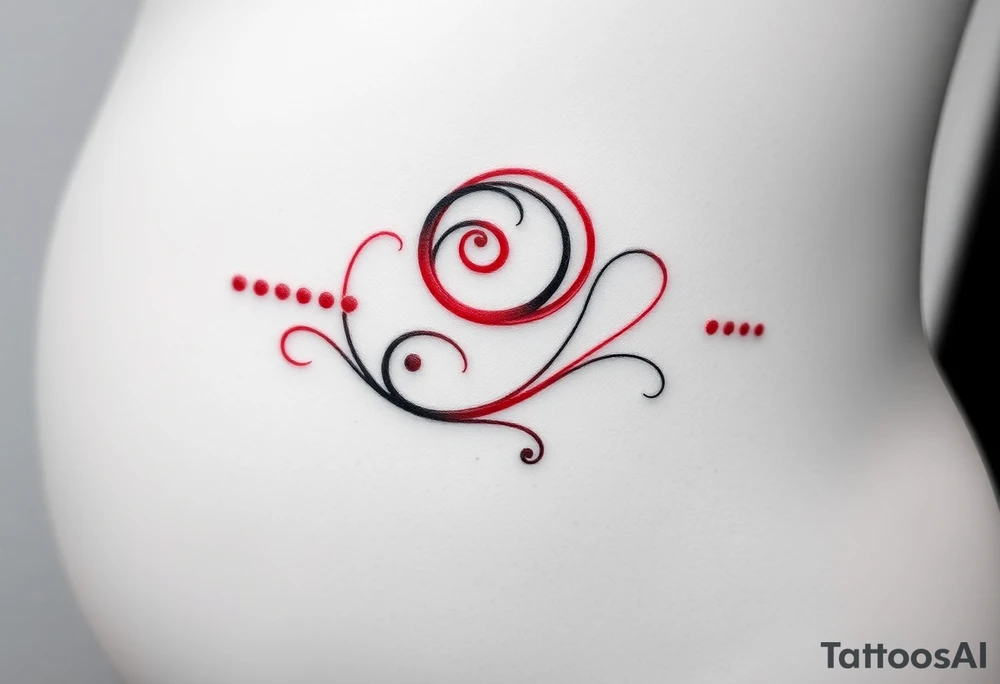 the text, “-... .-. .- . .- .-.. ....... -.. .- .-- --- --- -.. .......” in the shape of a swirl in red ink on female hip bone on the right side tattoo idea