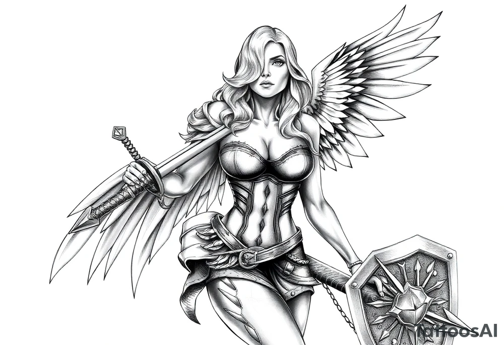 blonde valkyrie with sword and shield -- location calf -- image should show entire body of the valkyrie -- she should have large breasts and beautiful yet tough -- hyper realistic tattoo idea