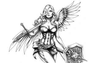 blonde valkyrie with sword and shield -- location calf -- image should show entire body of the valkyrie -- she should have large breasts and beautiful yet tough -- hyper realistic tattoo idea