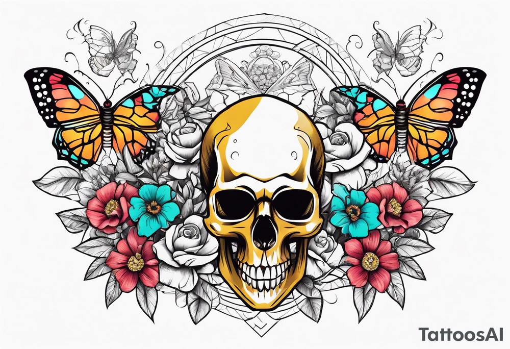 Large scorpion with a skull, flowers, and butterflies tattoo idea